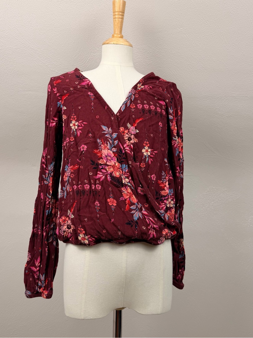 Mudd Burgundy Floral Wrap Blouse